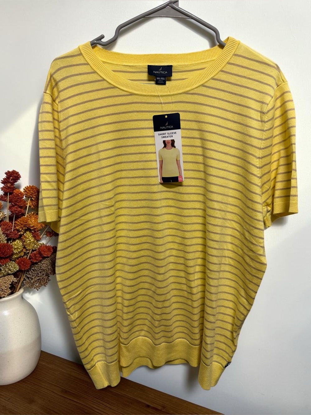 NWT Nautica Women’s Mustard Yellow Wavy Stripe Short Sleeve Sweater XXL